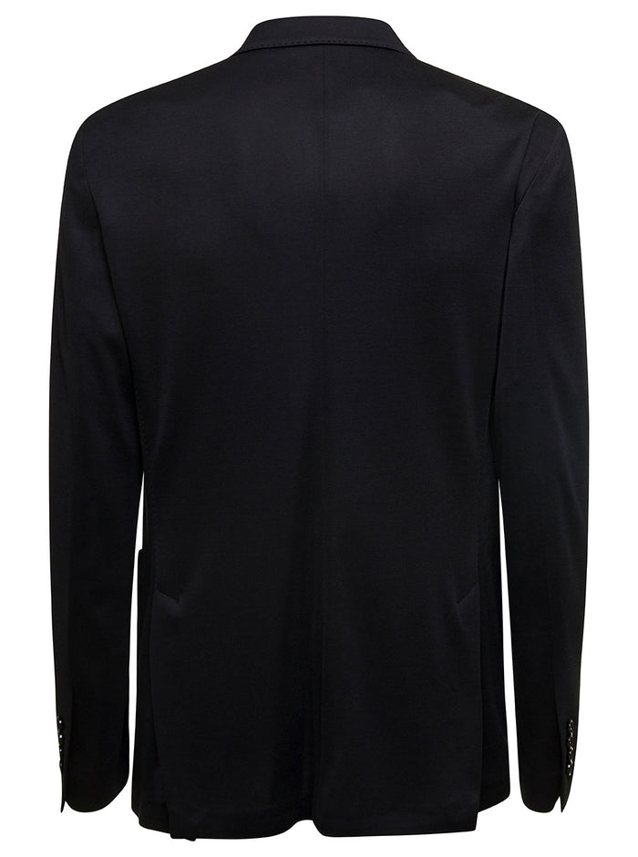 Black Double-Breasted Jacket With Tonal Buttons And Signature Pin Silk Cotton Man Blazers