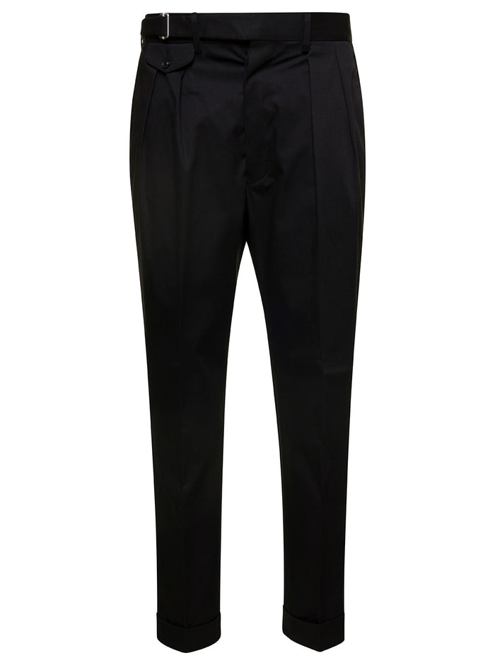 Black Pants With Double Pinces And Buckle Stretch Cotton Man Elastane Trousers