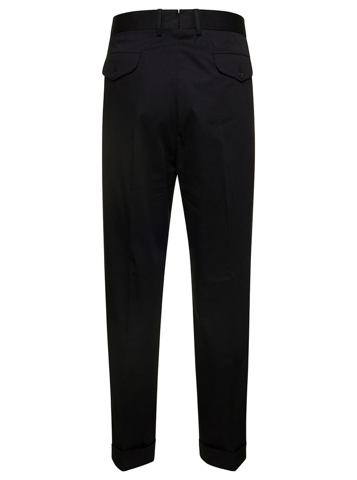 Black Pants With Double Pinces And Buckle Stretch Cotton Man Elastane Trousers