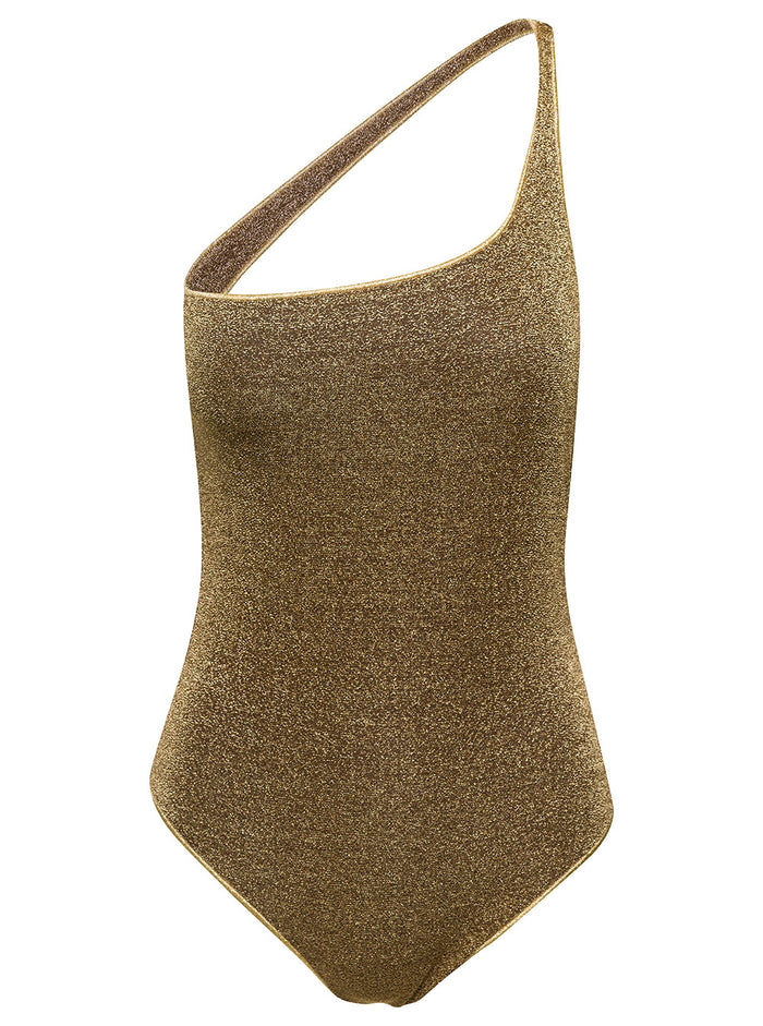 Oséree Womans One-Shoulder Swisuit Gold-Tone Recycled Lurex Knit Metallic Polyamide Beachwear
