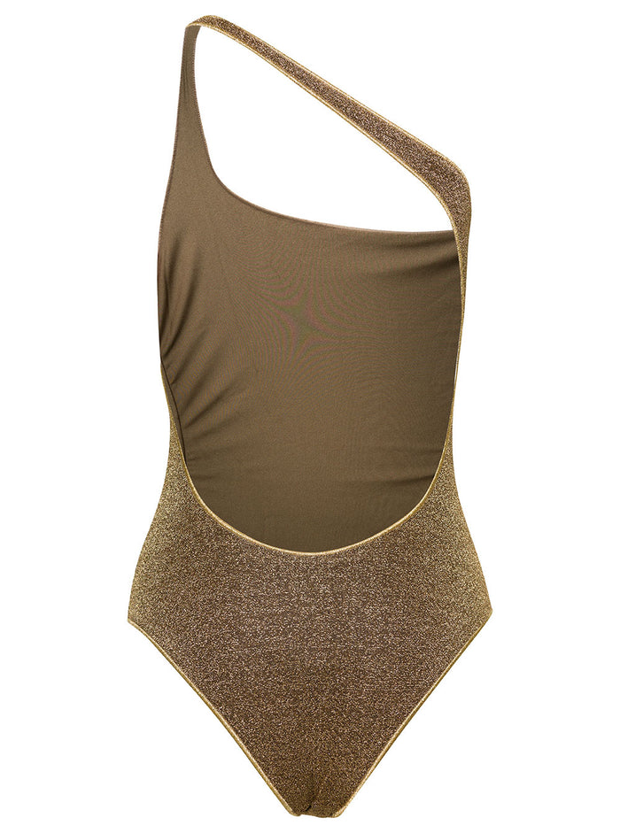 Oséree Womans One-Shoulder Swisuit Gold-Tone Recycled Lurex Knit Metallic Polyamide Beachwear