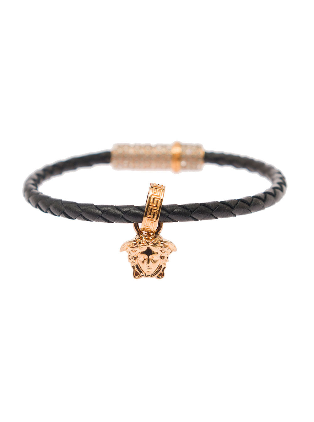 Gold-Tone Medusa Pendant Bracelet Black Leather Woman Calf