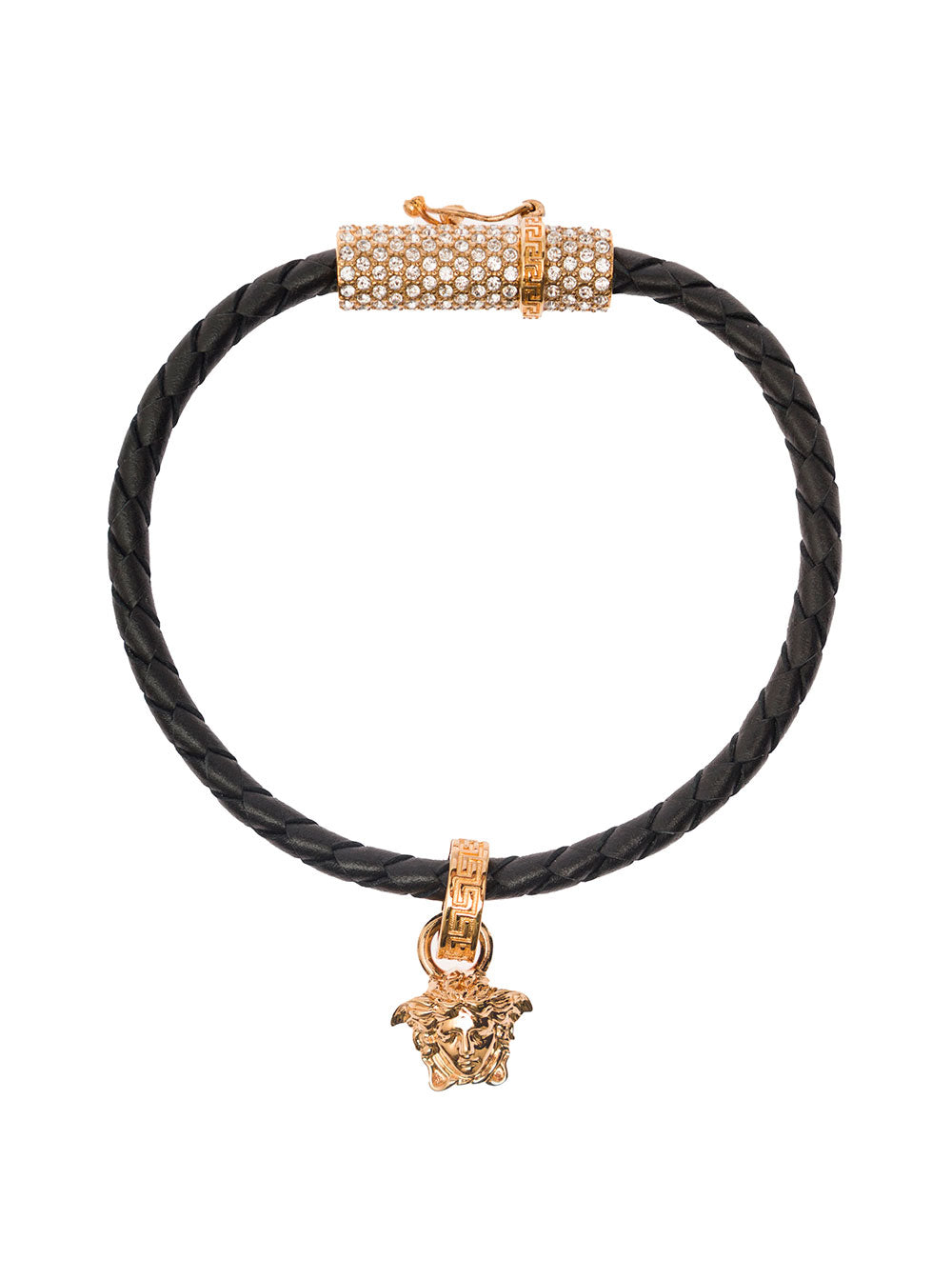 Gold-Tone Medusa Pendant Bracelet Black Leather Woman Calf