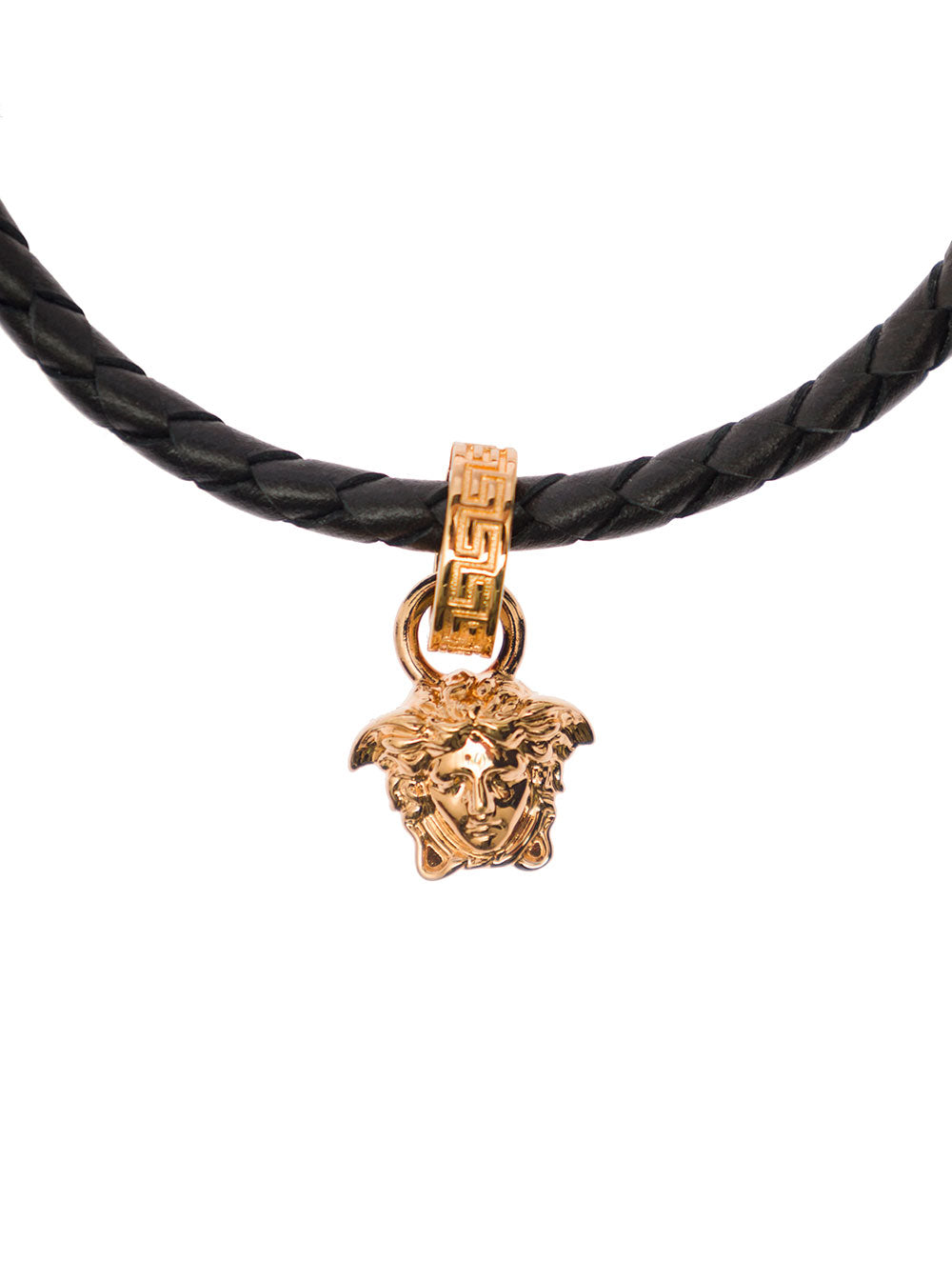 Gold-Tone Medusa Pendant Bracelet Black Leather Woman Calf