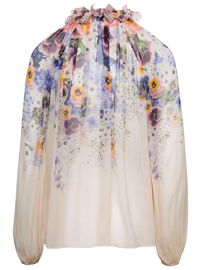 White Tama Blouse With Floral Print All-Over Silk Woman Jersey