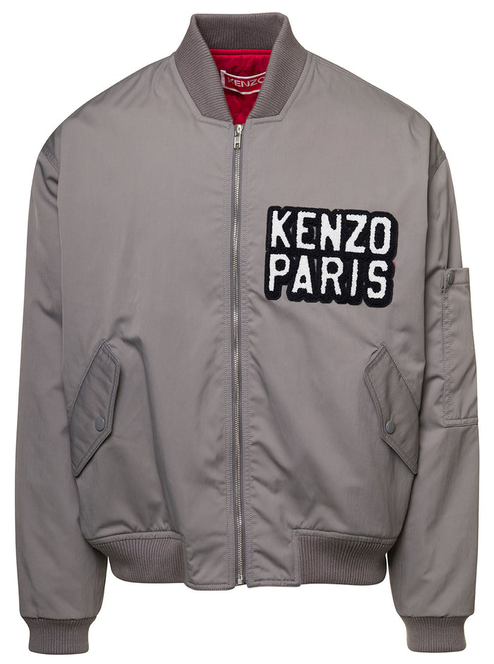 Grey Bomber Jacket With Logo Patch Polyester Blend Man Polyamide