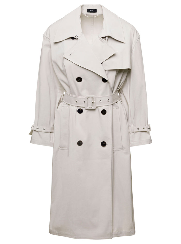 Beige Double-Breasted Jacket With Waist Belt Cotton Blend Woman Polyammide Elastan