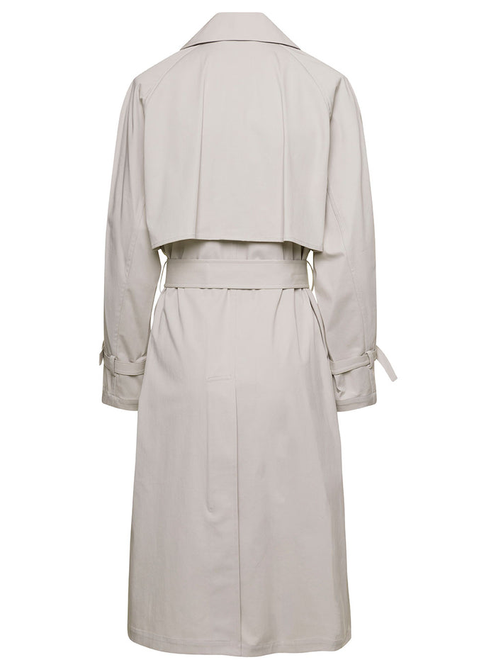 Beige Double-Breasted Jacket With Waist Belt Cotton Blend Woman Polyammide Elastan