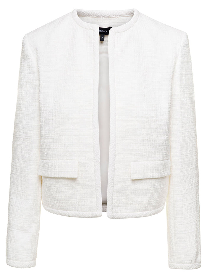 White Open Crewneck Jacket With Pockets Tweed Woman Cotton Polyammide Blazers