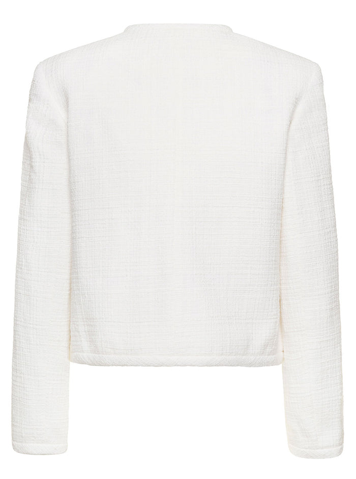 White Open Crewneck Jacket With Pockets Tweed Woman Cotton Polyammide Blazers