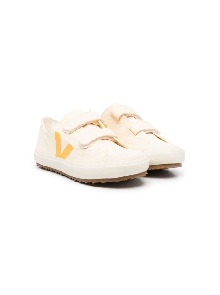 Beige Sneakers With Touch Strap White Leather Kids Canvas