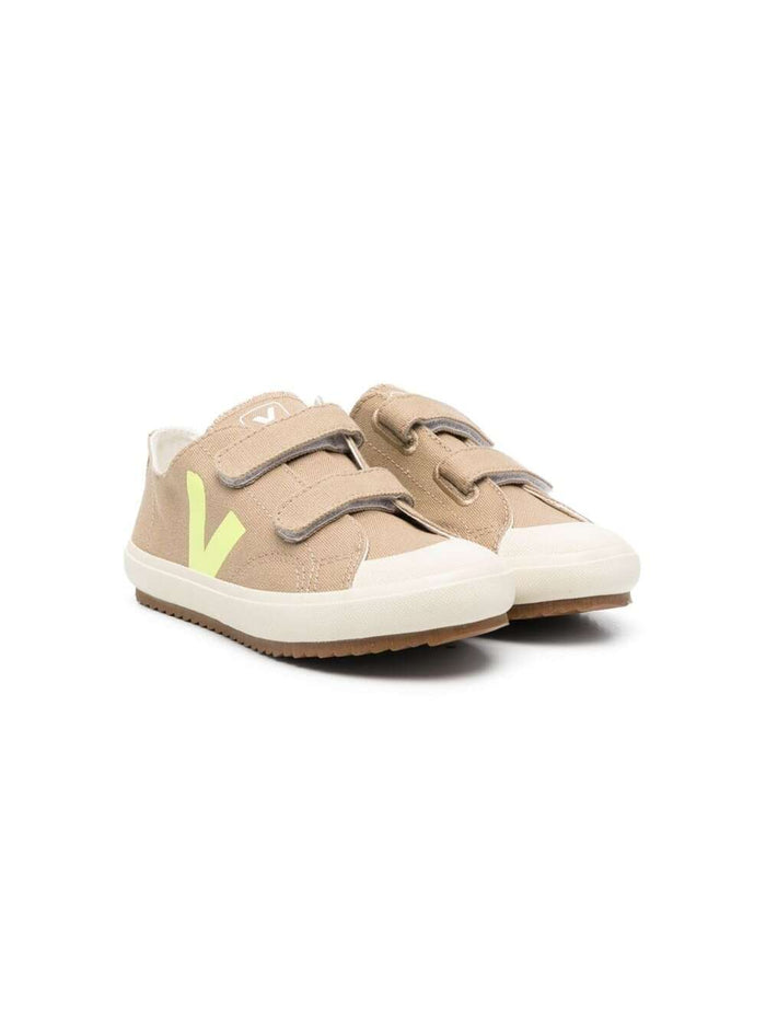 Brown Sneakers With Touch Strap White Leather Kids Canvas