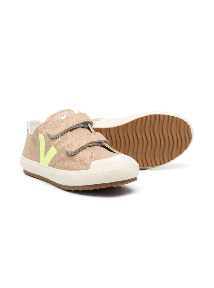 Brown Sneakers With Touch Strap White Leather Kids Canvas