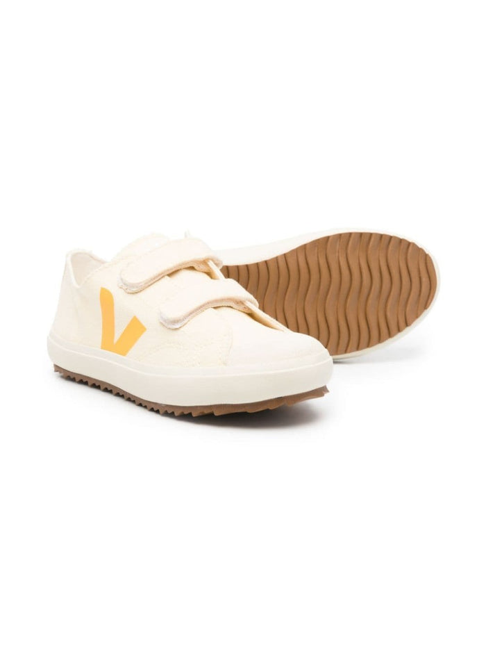 Beige Sneakers With Touch Strap White Leather Kids Canvas