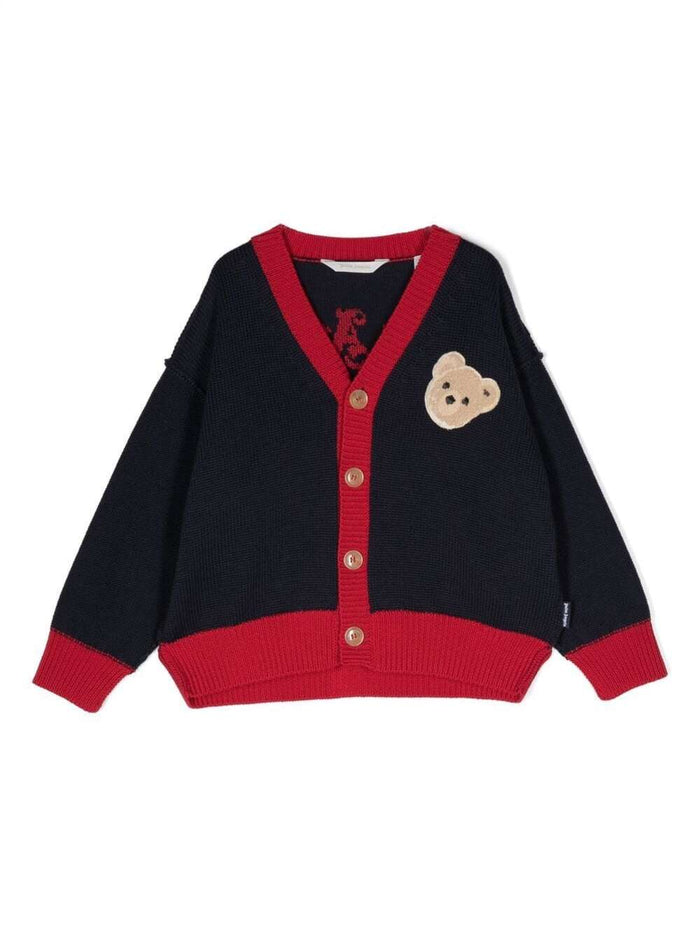 Knitted Cardigan With Teddy Bear Logo Patch Blue And Red Wool Boy Blu Virgin Jersey