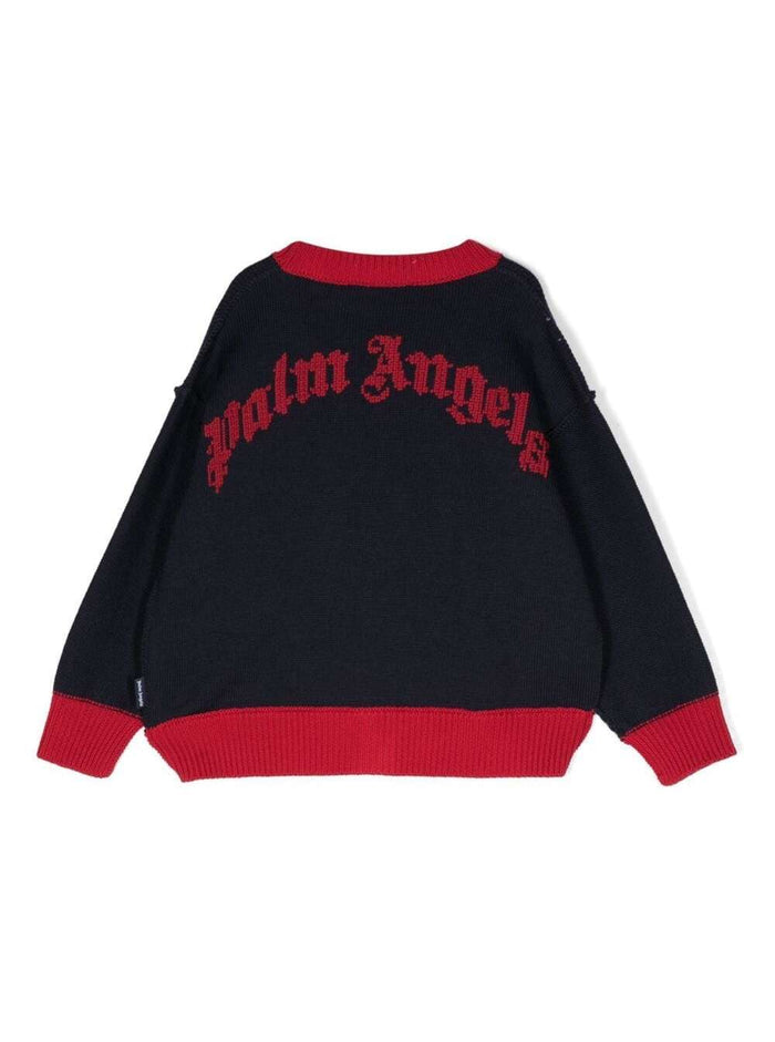 Knitted Cardigan With Teddy Bear Logo Patch Blue And Red Wool Boy Blu Virgin Jersey