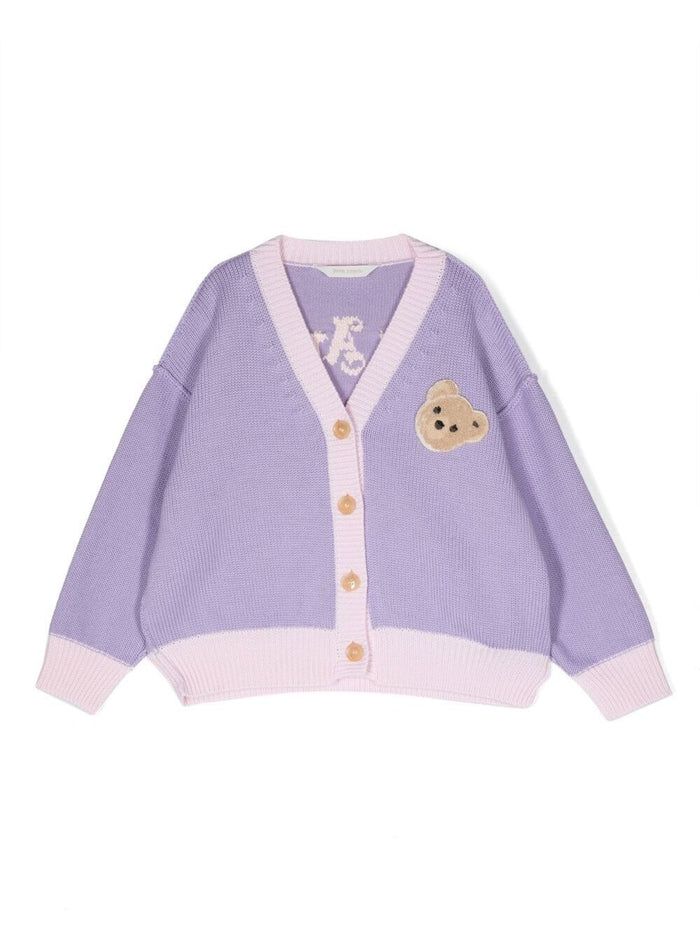 Knitted Cardigan With Logo And Bear Patch Violet Wool Girl Virgin Jersey