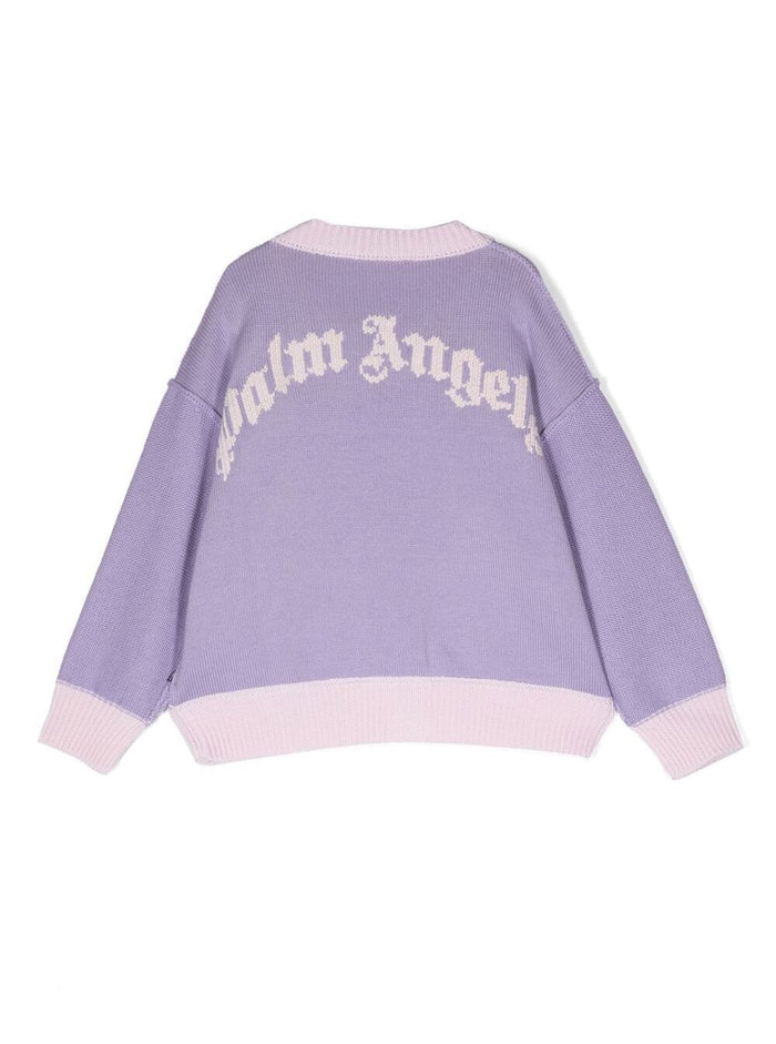 Knitted Cardigan With Logo And Bear Patch Violet Wool Girl Virgin Jersey