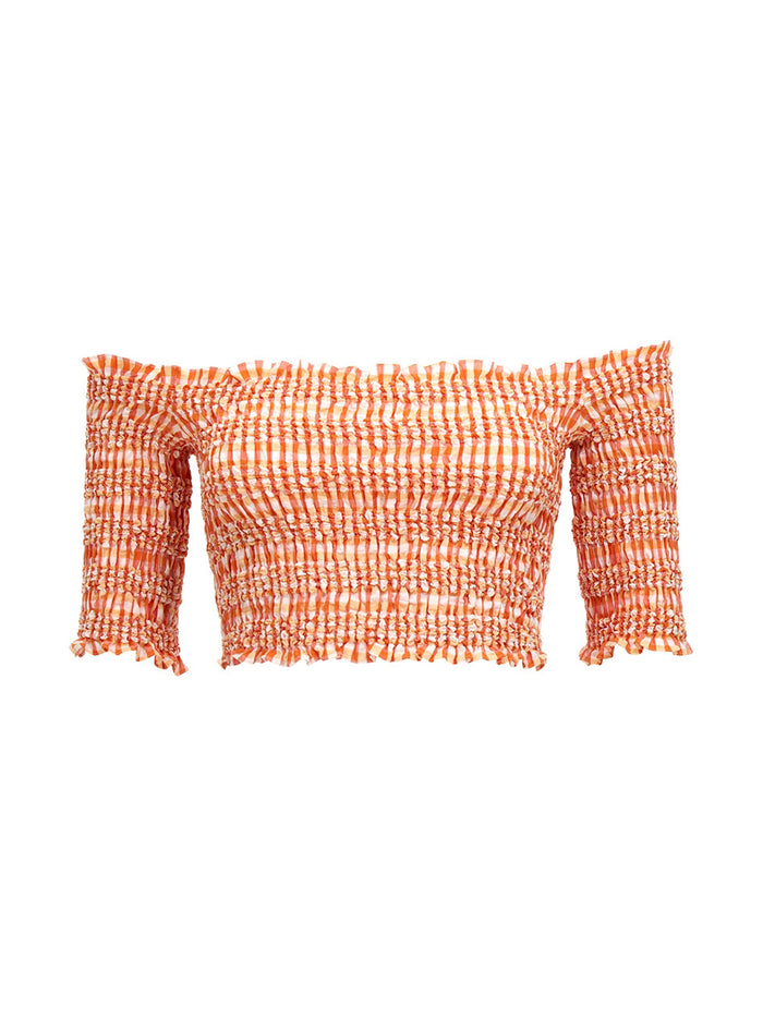 Smock Stitch Cropped Top Orange Cotton Tops