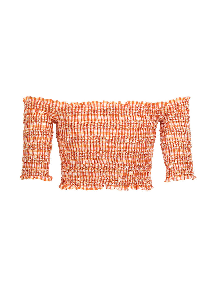 Smock Stitch Cropped Top Orange Cotton Tops