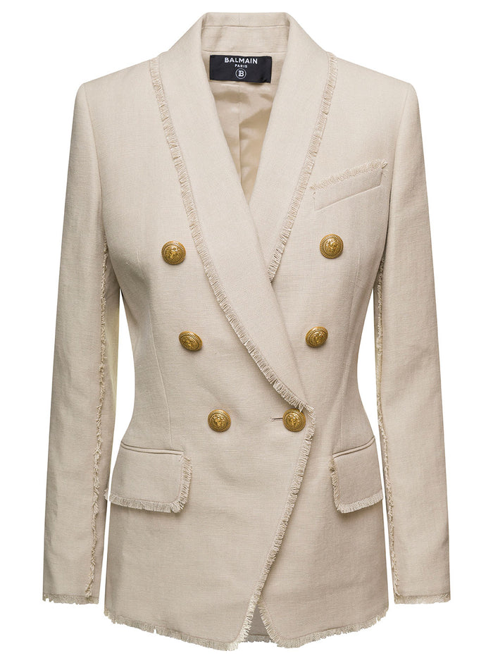 Beige Double-Breasted Blazer With Golden Buttons Linen Blend Woman Hemp Blazers