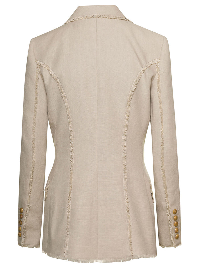 Beige Double-Breasted Blazer With Golden Buttons Linen Blend Woman Hemp Blazers