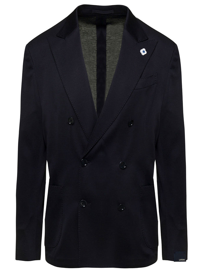 Blue Double-Brested Blazer Silk Blend Man Blu Cotton Blazers