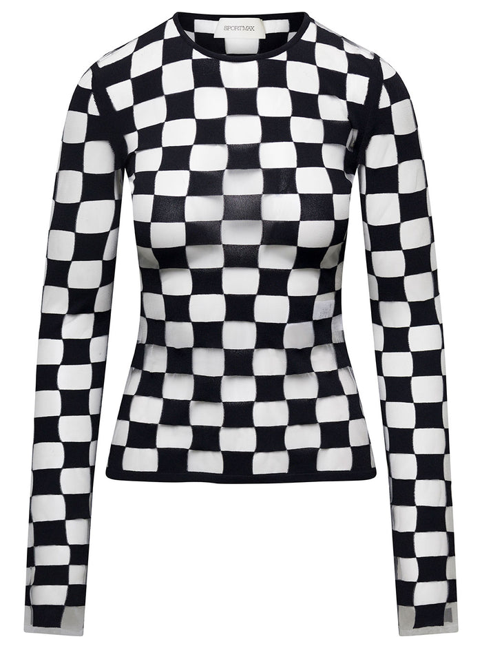 Black Top With Extra Long Sleeves And Checkerboard Effect Trasparent Yarn Intersias Woman White/black Polyamide Tops