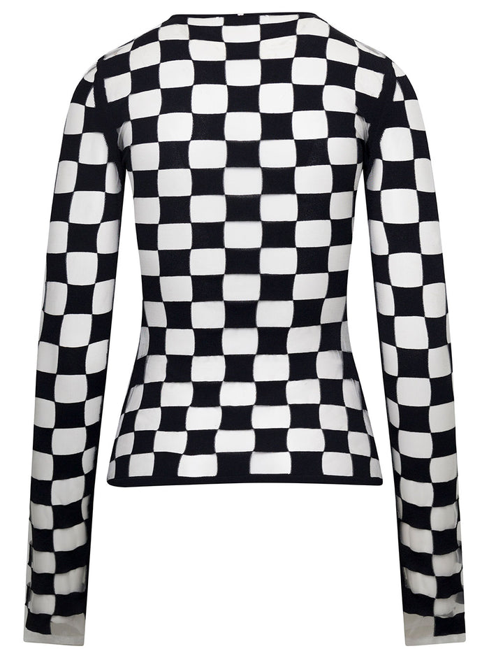 Black Top With Extra Long Sleeves And Checkerboard Effect Trasparent Yarn Intersias Woman White/black Polyamide Tops