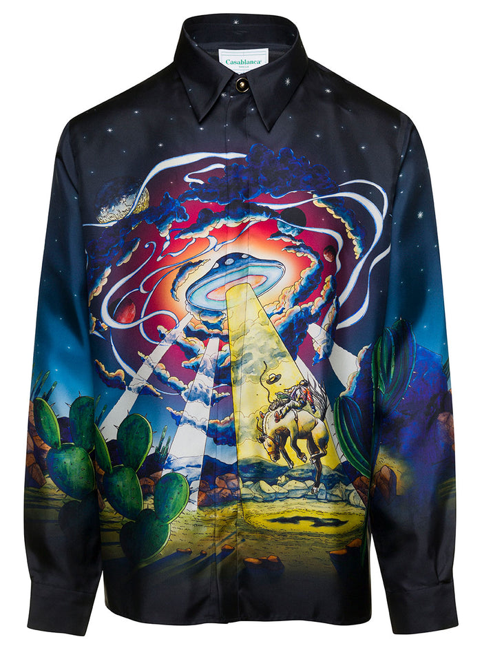 Black Long-Sleeve Shirt With Graphic Print Silk Man And Blouses