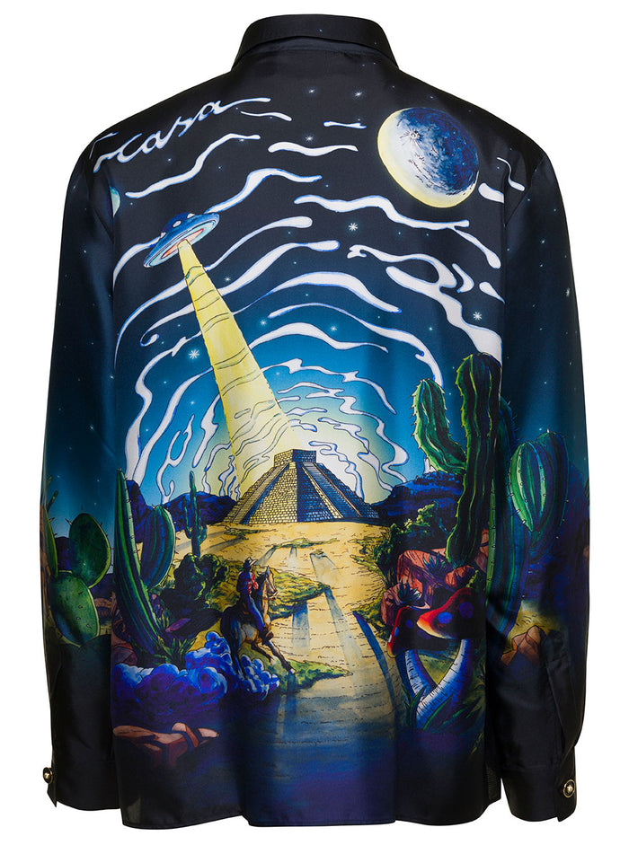 Black Long-Sleeve Shirt With Graphic Print Silk Man And Blouses