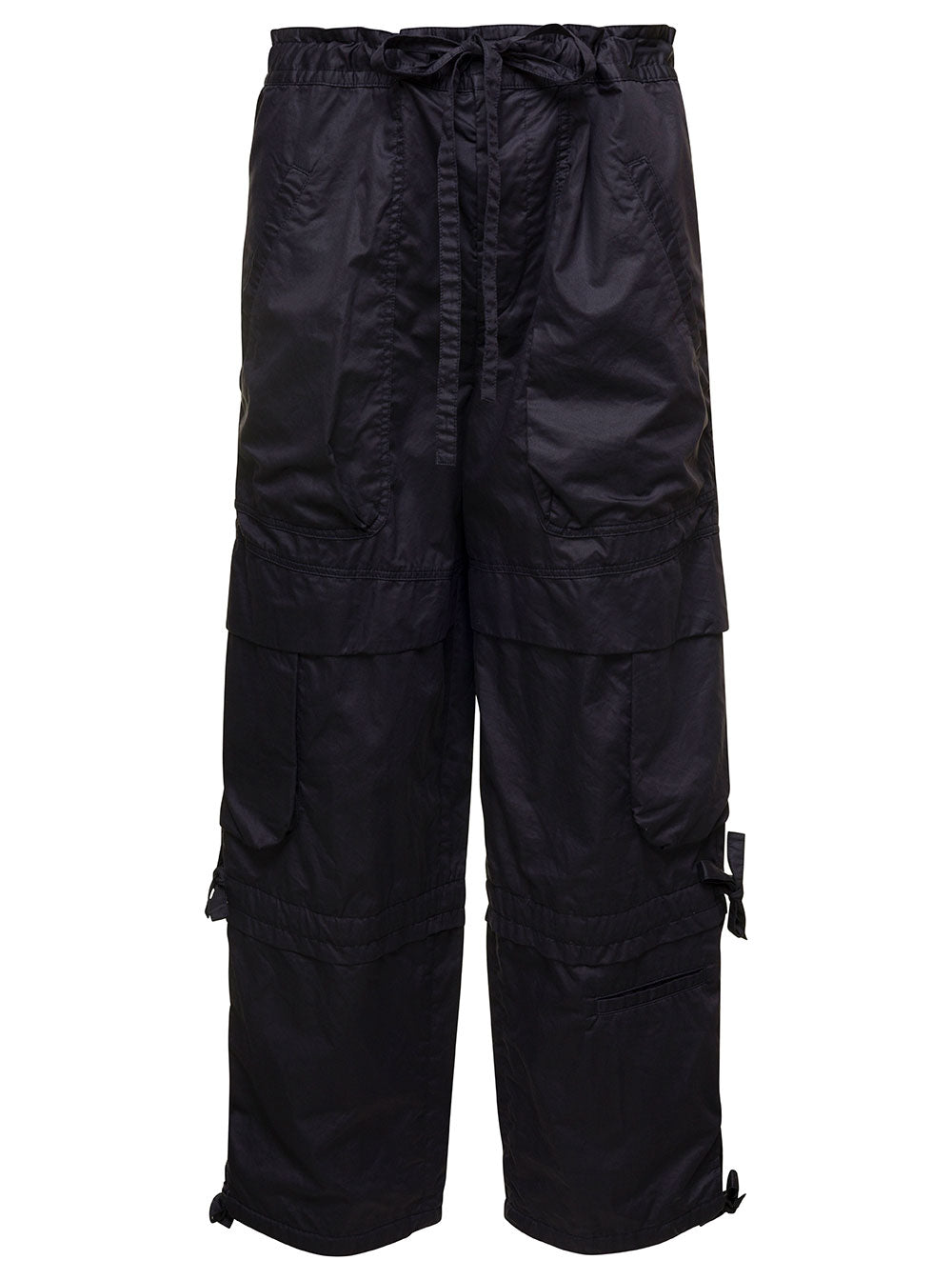 Black Cargo Pants With Drawstring Fastening Cotton Woman Viscose Silk Elastan Trousers