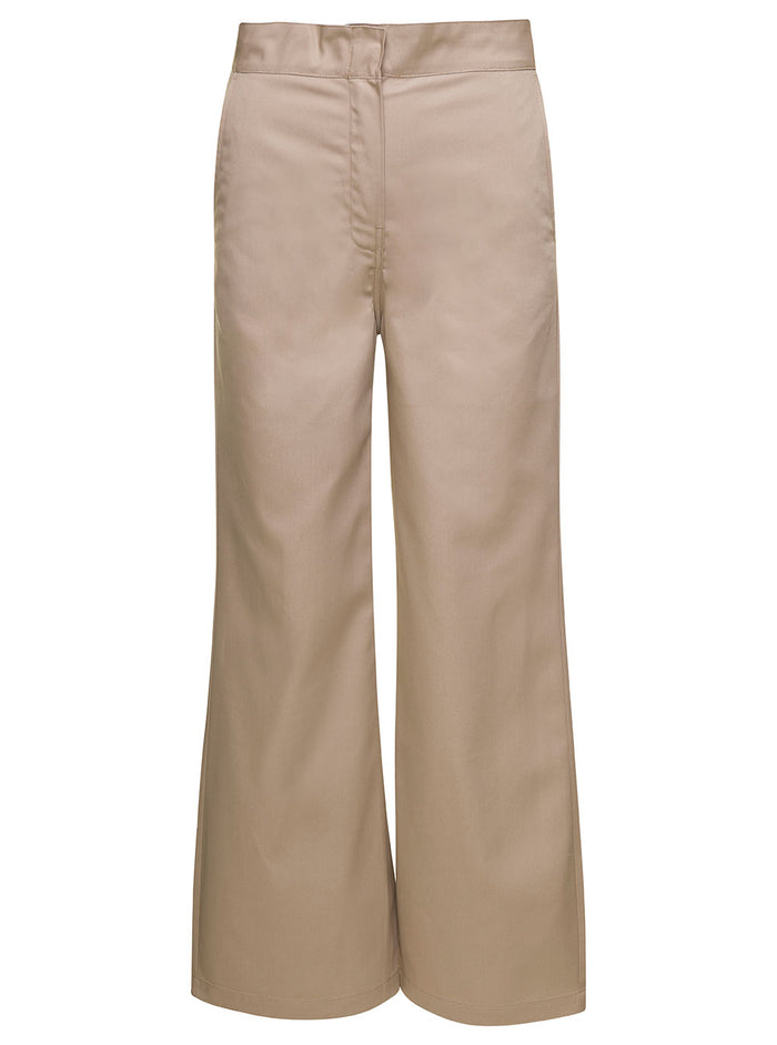 Beige Wide Pants With Concealed Fastening Polyester Blend Woman Cotton Trousers