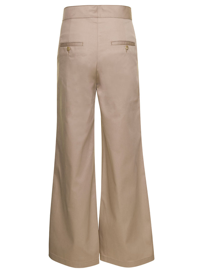 Beige Wide Pants With Concealed Fastening Polyester Blend Woman Cotton Trousers