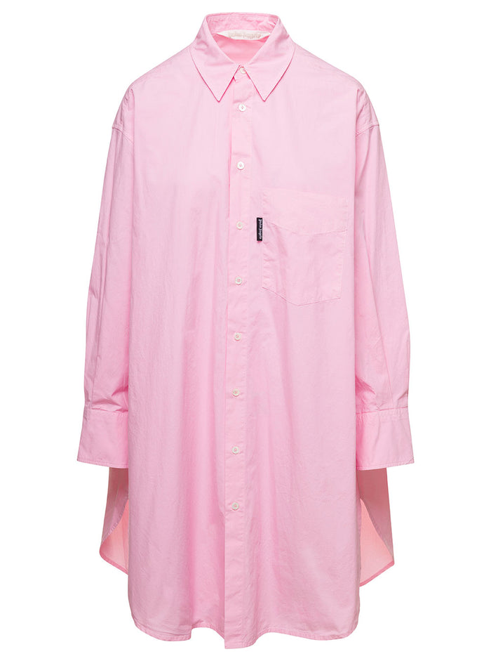 Mini Pink Shirt Dress With Contrasting Logo Print At The Back Cotton Woman