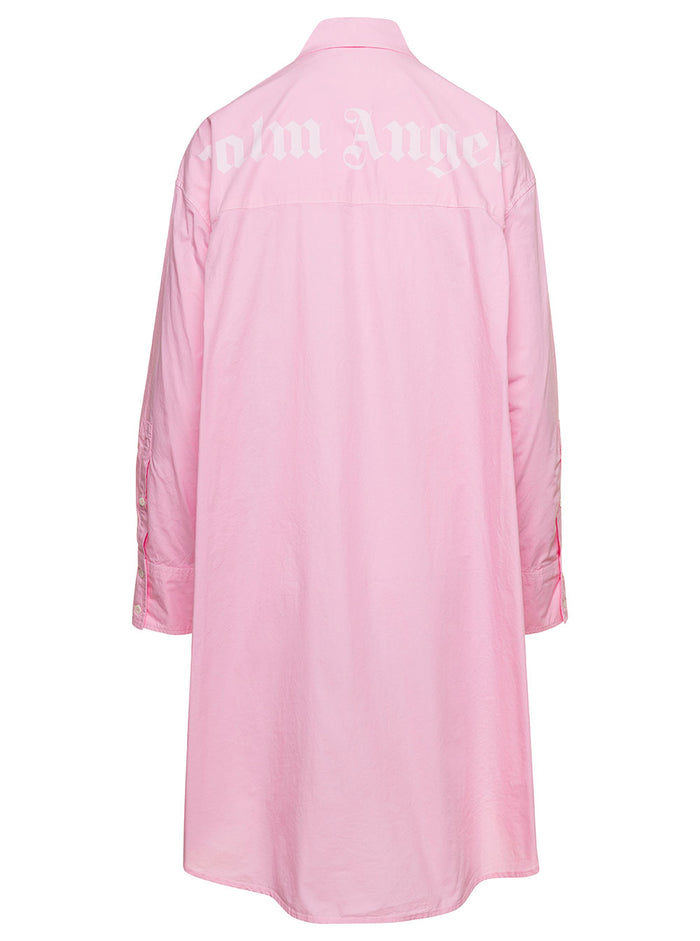 Mini Pink Shirt Dress With Contrasting Logo Print At The Back Cotton Woman
