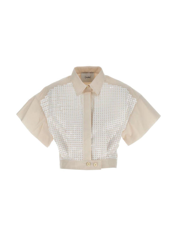 Sequin Cropped Shirt White Cotton Shirt, Blouse