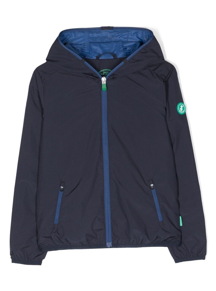 Noel Blue Hooded Wind-Break Jacket With Logo Patch Polyeter Boy Blu Polyester Down