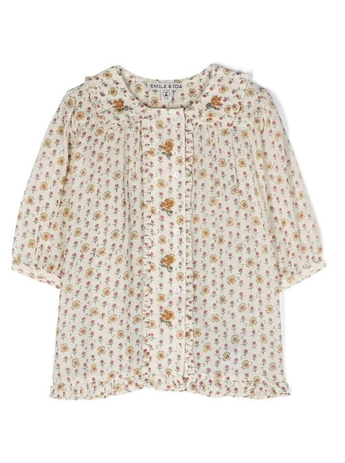 Beige Shirt With All-Over Floreal Print Cotton Girl And Blouses