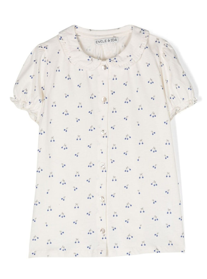 White Peter-Pan Collar Shirt With Graphic Print Cotton Girl And Blouses
