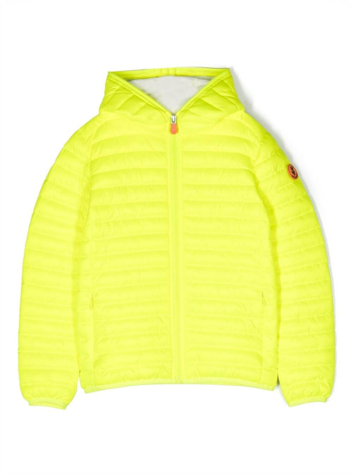 Katie Fluo Yellow Hooded Down Jacket With Logo Patch Polyeter Girl Polyester