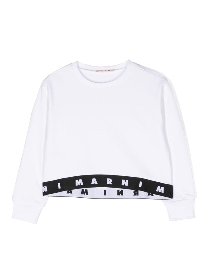 White Crewneck Sweatshirt With Logo Print On Elastic Band Cotton Girl Sweatshirts