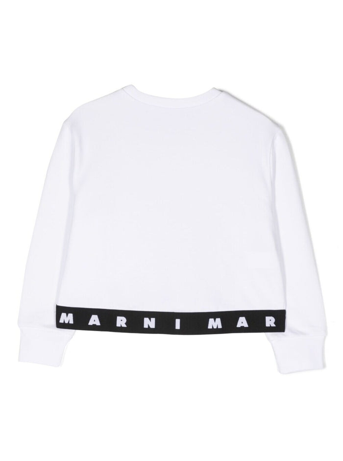 White Crewneck Sweatshirt With Logo Print On Elastic Band Cotton Girl Sweatshirts