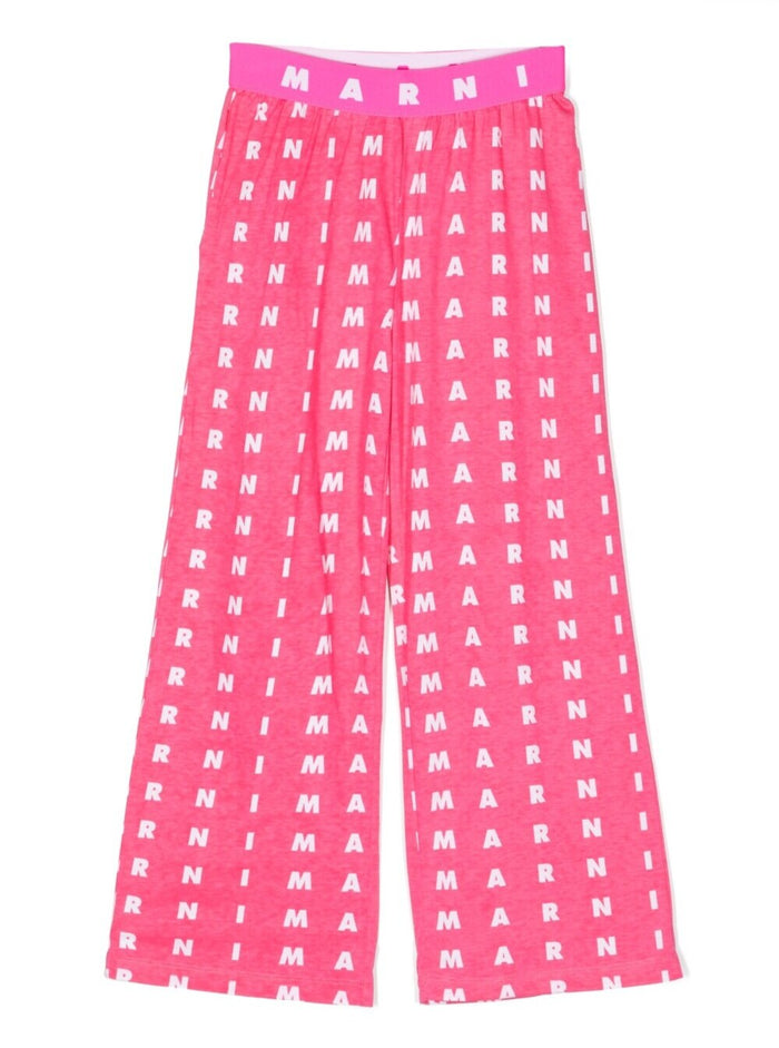 Fuchsia Loose Pants With All-Over Logo Print Cotton Girl Fuxia Trousers