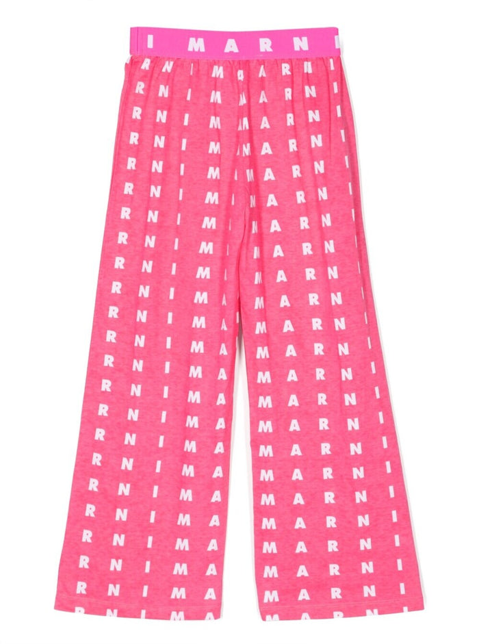 Fuchsia Loose Pants With All-Over Logo Print Cotton Girl Fuxia Trousers