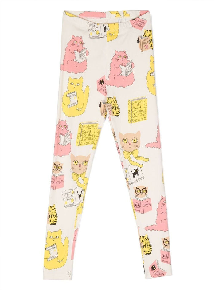 White Leggings With All-Over Cats Print Stretch Cotton Girl Organic Elastane Trousers