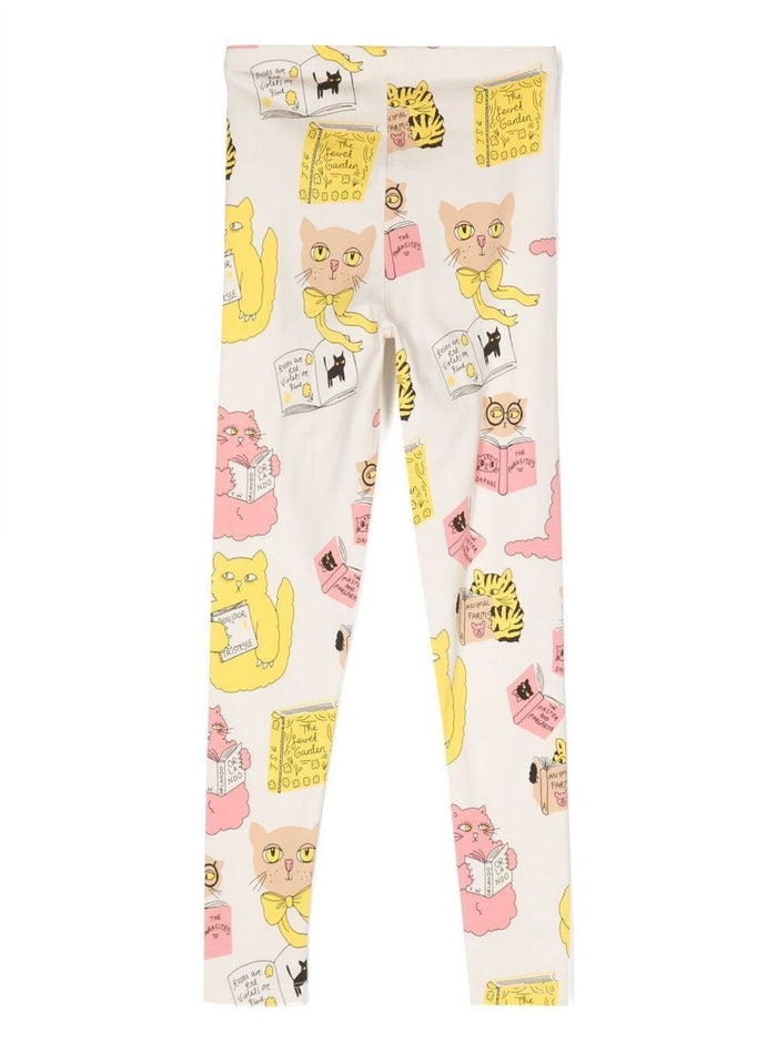 White Leggings With All-Over Cats Print Stretch Cotton Girl Organic Elastane Trousers