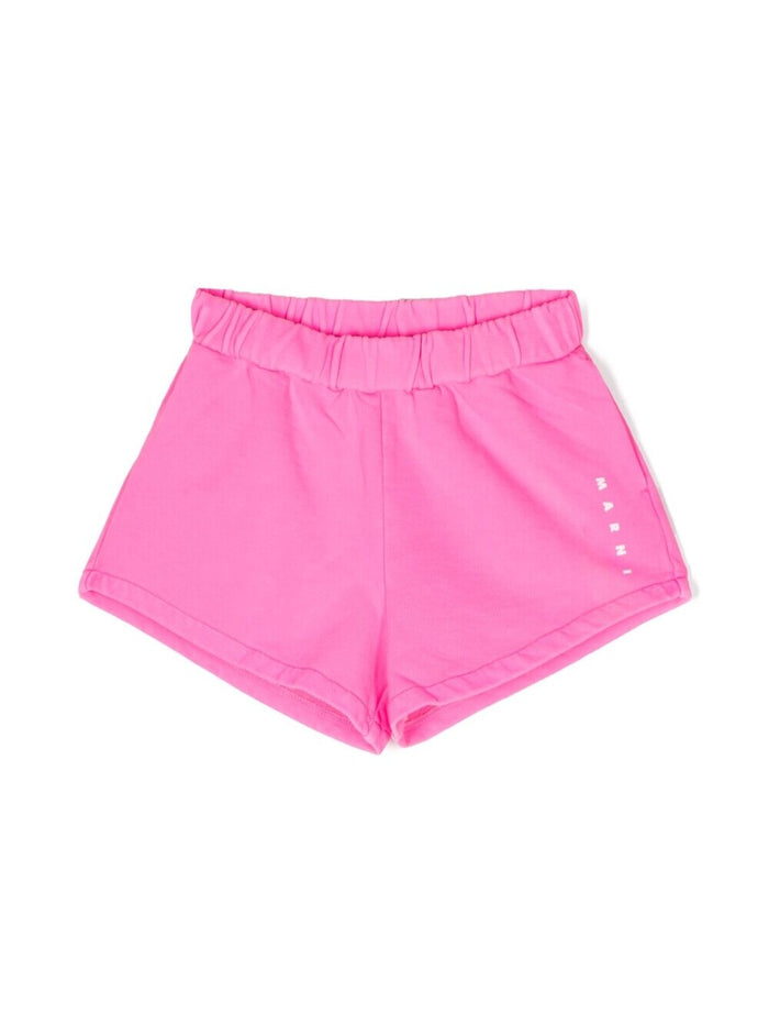 Fuchsia Shorts With Elastic Waistband And Logo Print Cotton Girl Fuxia Trousers