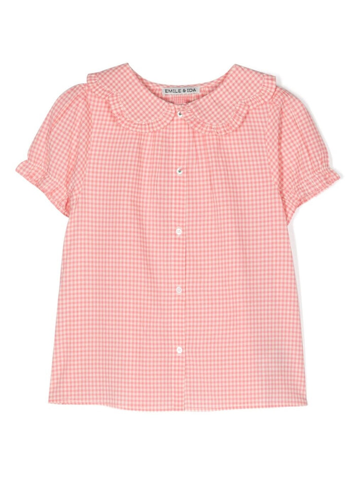 Pink And White Shirt With Check Motif Peter-Pan Collar Cotton Woman Blouses