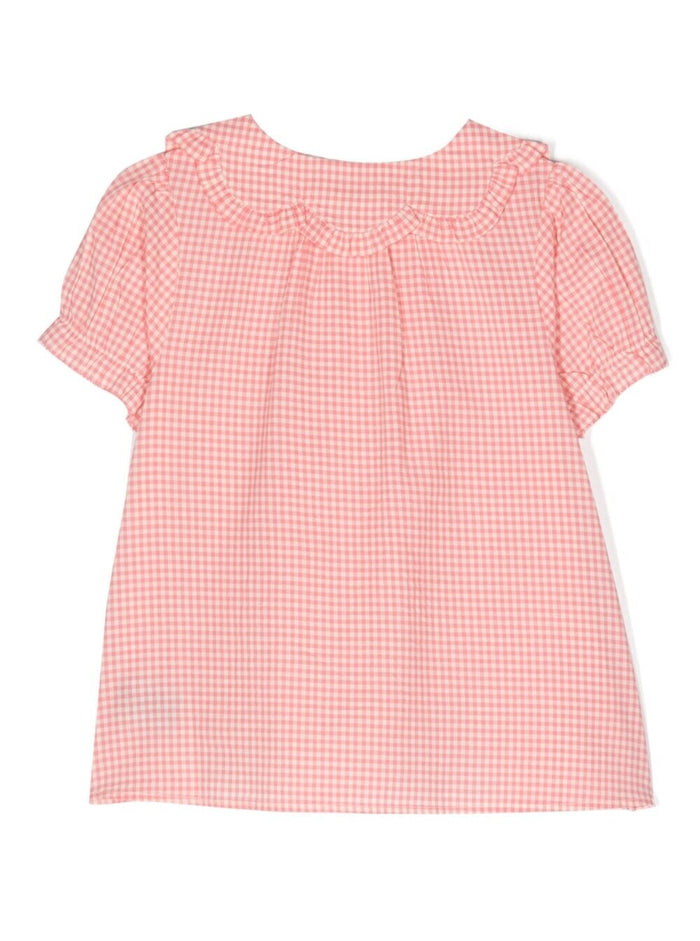 Pink And White Shirt With Check Motif Peter-Pan Collar Cotton Woman Blouses